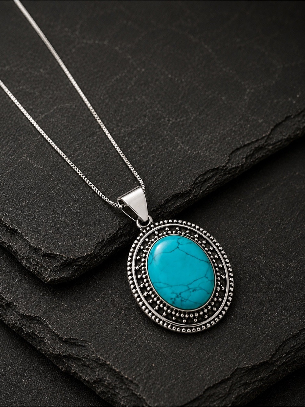 Vintage Oval Blue Cabochon Turquoise & Sterling Silver Pendant Necklace w/ Chain